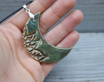 Green Ceramic Moon Pendant Necklace - Handmade Clay Necklace Gift for Her – Boho Celestial Jewelry