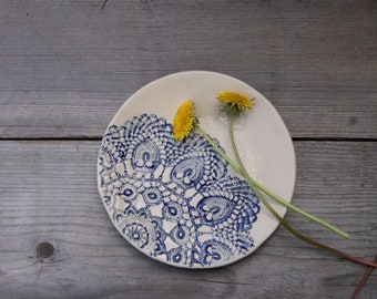 White ceramic plate with dark blue lace, Folk Plate, Hand Molded Ceramic Plate, Unique Serving Plate, ceramic plate, birthday gift