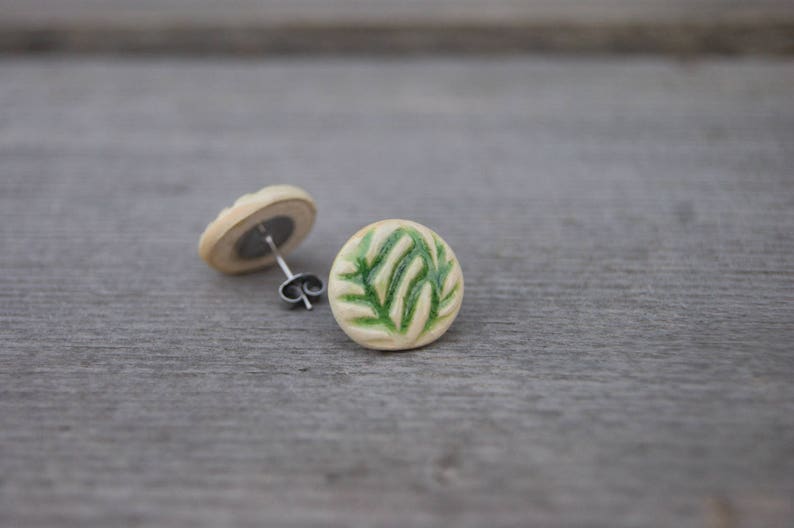 Ceramic green earrings, ceremic green stud, green ornament stud, Big stud, green stud, green Earrings, bohemian jewelry, sensitive ears stud zdjęcie 3