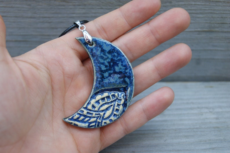 Blue Mooncover pendant, Ceramic necklace, elegant pendant, ceramic blue moon pendant, girlfriend gift, blue ceramic pendant, girlfriend gift image 1