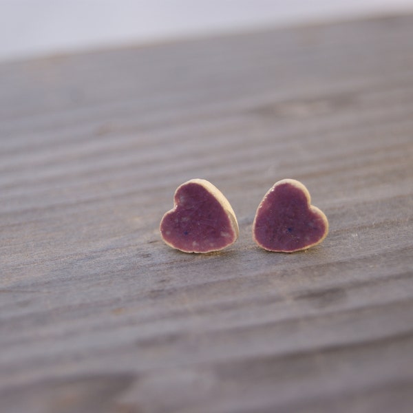 Ceramic purple heart earrings, purple heart, purple ceramic studs, ceramic earrings, purple earrings, surgical steel posts, purple studs