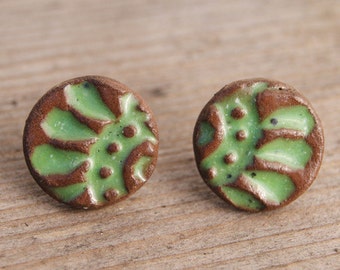 Ceramic green stud earrings, green ceremic stud, green ornament stud, Big stud, brown and green stud, Ceramic Earrings, bohemian jewelry