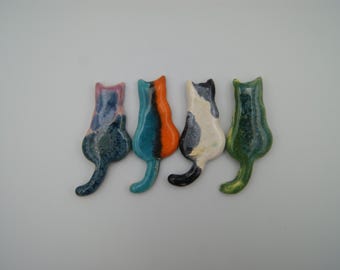 Ceramic cat fridge magnet, gift for cat lovers, Blue cat  magnet, white cat magnet, purple cat, Turquoise cat, green cat magnet, with a tail