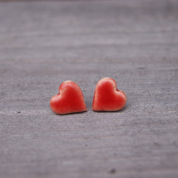 Red heart earrings, Ceramic studs, ceramic hearts, ceramic earrings, surgical steel posts, great gift idea, one of a kind girlfriend gift