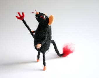 Mouse devil figurine, Needle felted black mouse devil, Halloween decorations, Holiday figurine, Felt devil mice art, Collectible mouse