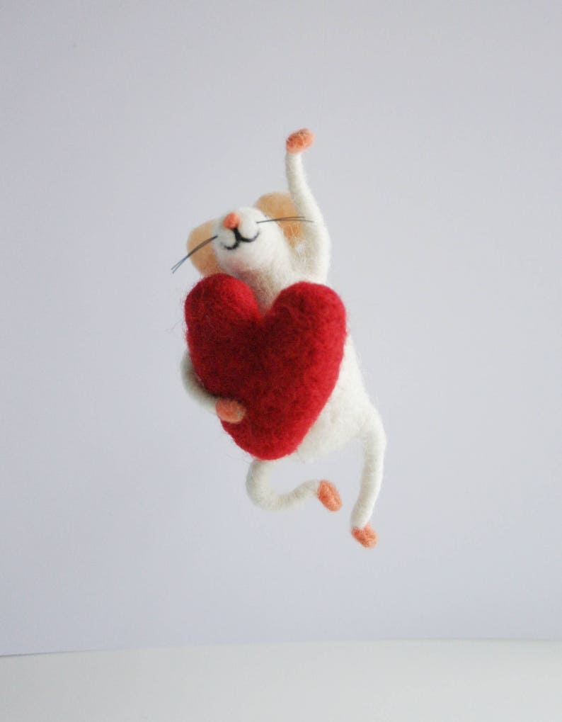 Felted Mouse With a Heart, Wool Ornament Loop, Felt Mice, Mouse in Love