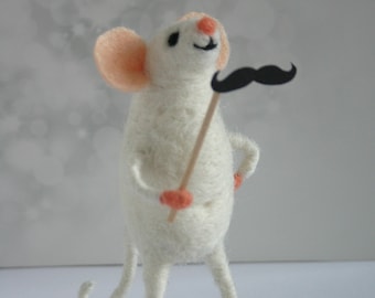 Felt mouse with moustache, Needle felted mouse ornament, Moustache mice, Best friend gift, Cute mice figurine, Miniature mouse gift ideas