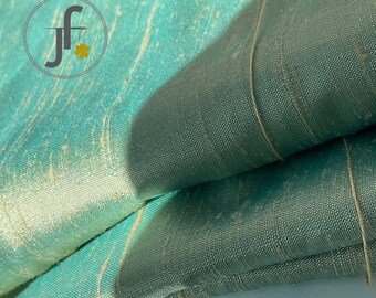 100% silk fabric, green by turquoise warp & gold weft. Dupion silk, for dressmaking, embroidering, printing, quilting,or making silk ribbons