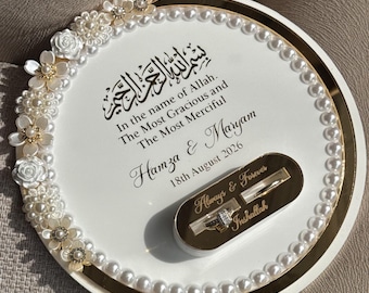 Pearl Beaded Acrylic Ring Tray with Custom Holders & Mirrored Border