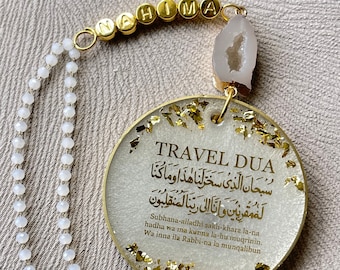 Ornamento da appendere all&#39;auto con perline personalizzato, bianco e oro - Travel Dua, Ayatul Kursi