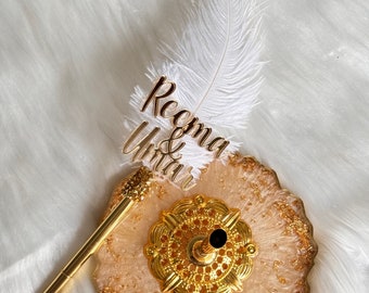 Nikkah Pen and pen holder, wedding guestbook pen, feather pen, Resin holder, laser cut personalisation
