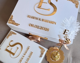パーソナライズされたモノグラムニッカギフトセット：イスラムの結婚式の記念品ボックス、ペン、フォルダー
