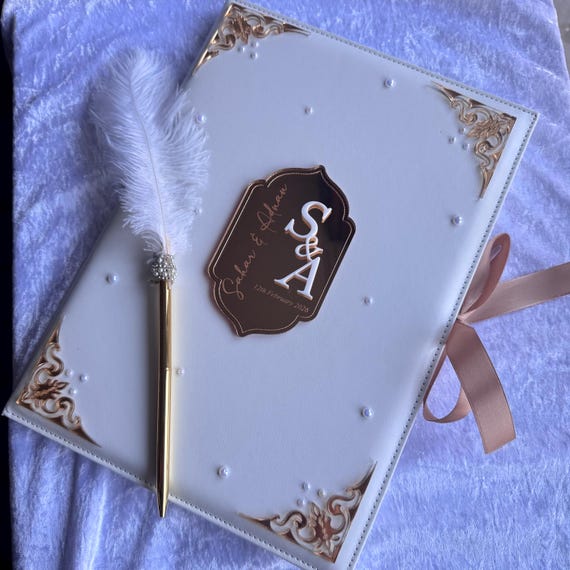 Pearl Nikkah Nama/ Nikkah Folder - Mirrored acrylic, feather pen