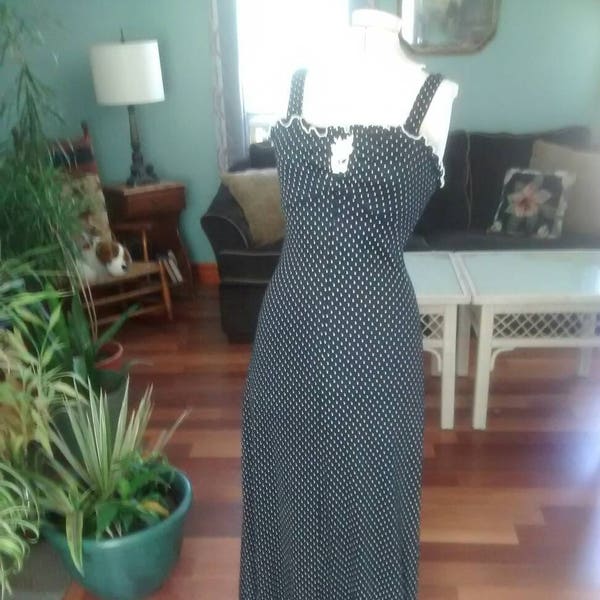 1970s Black and White Polka Dot Maxi Dress