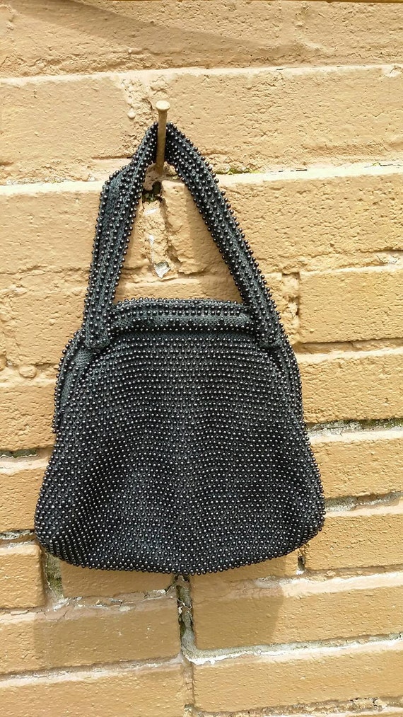 Nubby Beaded Black Soft Sided Handbag - image 2