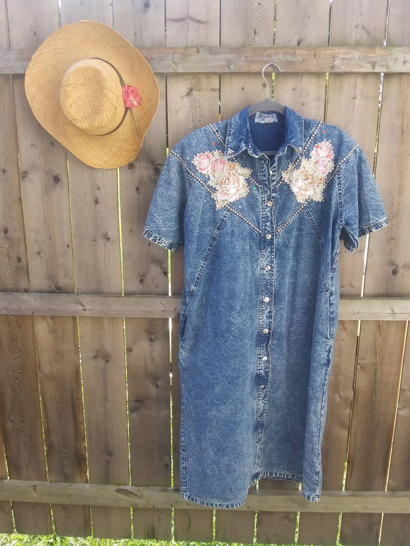 80s ACID WASH BLUE FLORAL EMBROIDERED COUNTRY WESTERN DENIM MIDI DRESS M 12