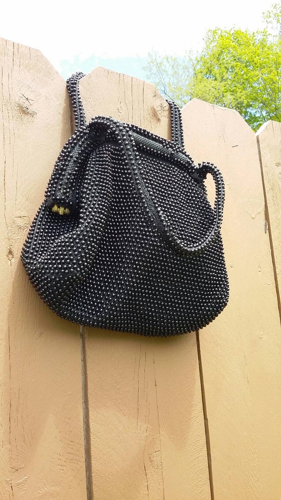 Nubby Beaded Black Soft Sided Handbag - image 5