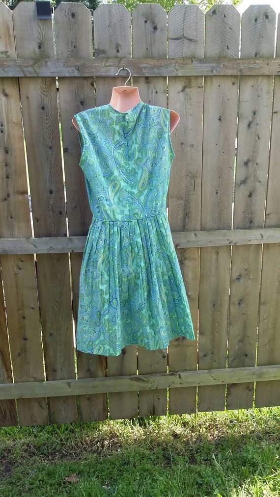 Blue Green Paisley Fit and Flare Day Dress - image 7