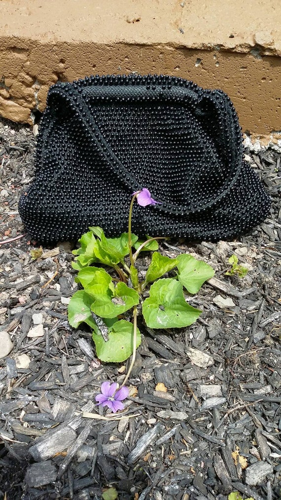 Nubby Beaded Black Soft Sided Handbag