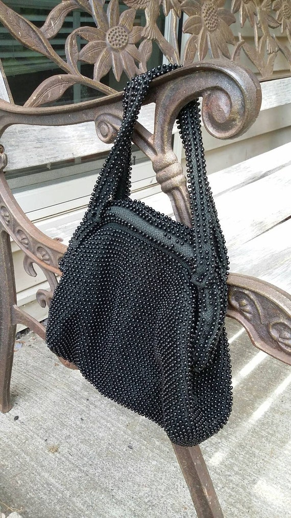 Nubby Beaded Black Soft Sided Handbag - image 4