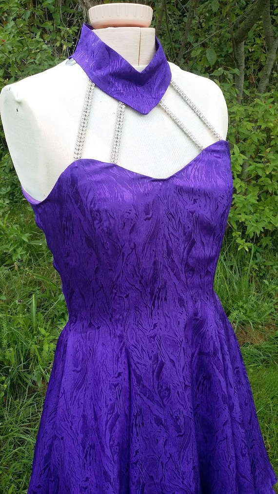 Royal Purple Moire Rhinestone Halter Cocktail Dres