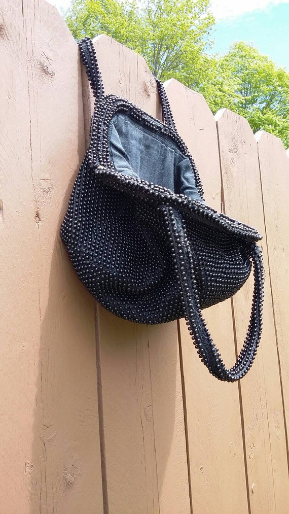 Nubby Beaded Black Soft Sided Handbag - image 3