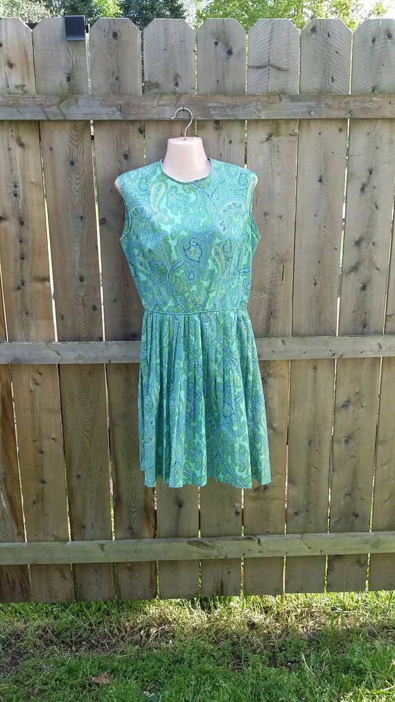 Blue Green Paisley Fit and Flare Day Dress