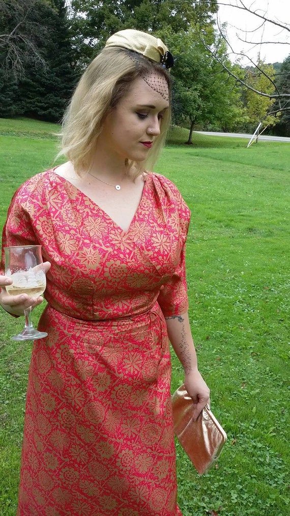 Lovely Printed Gold and Fusha  Cocktail Dress - image 1