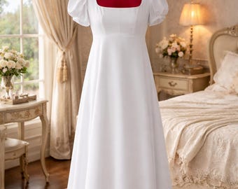 White Cotton Regency Empire Waist Dress, Voluminous Sleeves, Historical Costume