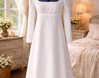 Regency Cotton Dress, Long Sleeve Puffed Sleeve Chemise Silhouette