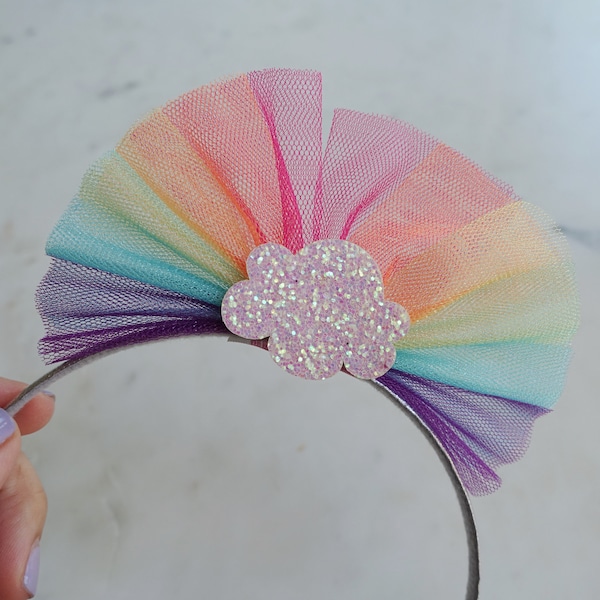 Rainbow Tulle Headband, Girl Headband | Toddler Headband | Girls Hair Accessories | Kids Arch Headband | Sparkle Glitter Cloud Headband