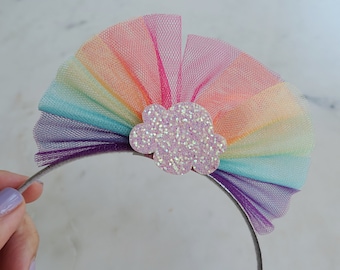 Rainbow Tulle Headband, Girl Headband | Toddler Headband | Girls Hair Accessories | Kids Arch Headband | Sparkle Glitter Cloud Headband