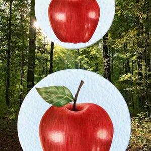 May include: Two watercolour illustrations of red apples with green leaves and brown stems, set against a light blue background. The background is a blurred image of a forest with sunlight.
