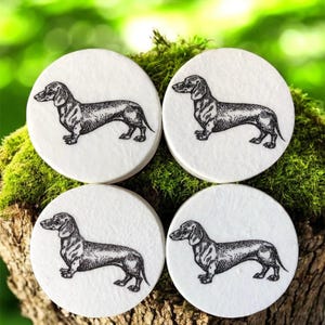 Op de afbeelding: Vier witte, ronde onderzetters met een zwart-wit illustratie van een teckel. De onderzetters zijn geplaatst op groen mos en een boomstam, met een vage groene achtergrond.