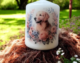 Floral Golden Retriever Candle, Unscented Home Decor, Summer Flower