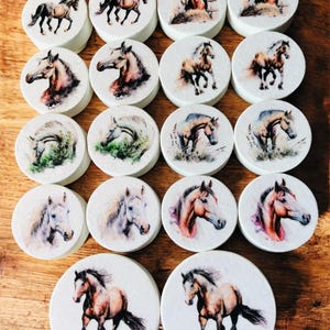 May include: A collection of twenty-one white, round coasters with watercolor horse illustrations. The images depict horses in various poses, including running, grazing, and portraits. The coasters are arranged on a wooden surface.