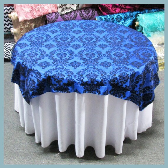 Table Overlay 58" X 58" Square Damask Flocking Taffeta Royal Blue Black 