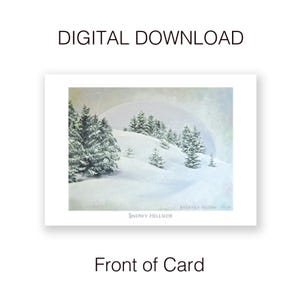 Carte d'art imprimable « COLLINE DE NEIGE » 5 x 7 pouces en téléchargement numérique / Vierge à l'intérieur / Oeuvre d'art originale à l'huile sur toile représentant la scène de la forêt