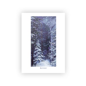 Portal para as maravilhas do inverno | Impressão de alta qualidade de pintura a óleo original em cartão de arte em branco de 18 cm x 12,7 cm | Descrição do artista no verso | com envelope