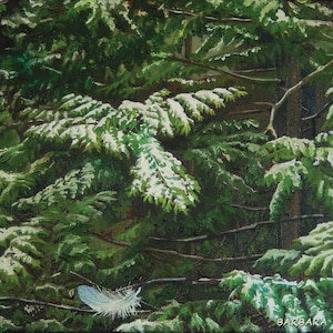 Impression giclée de cèdre enneigé : art de la forêt de la Colombie-Britannique