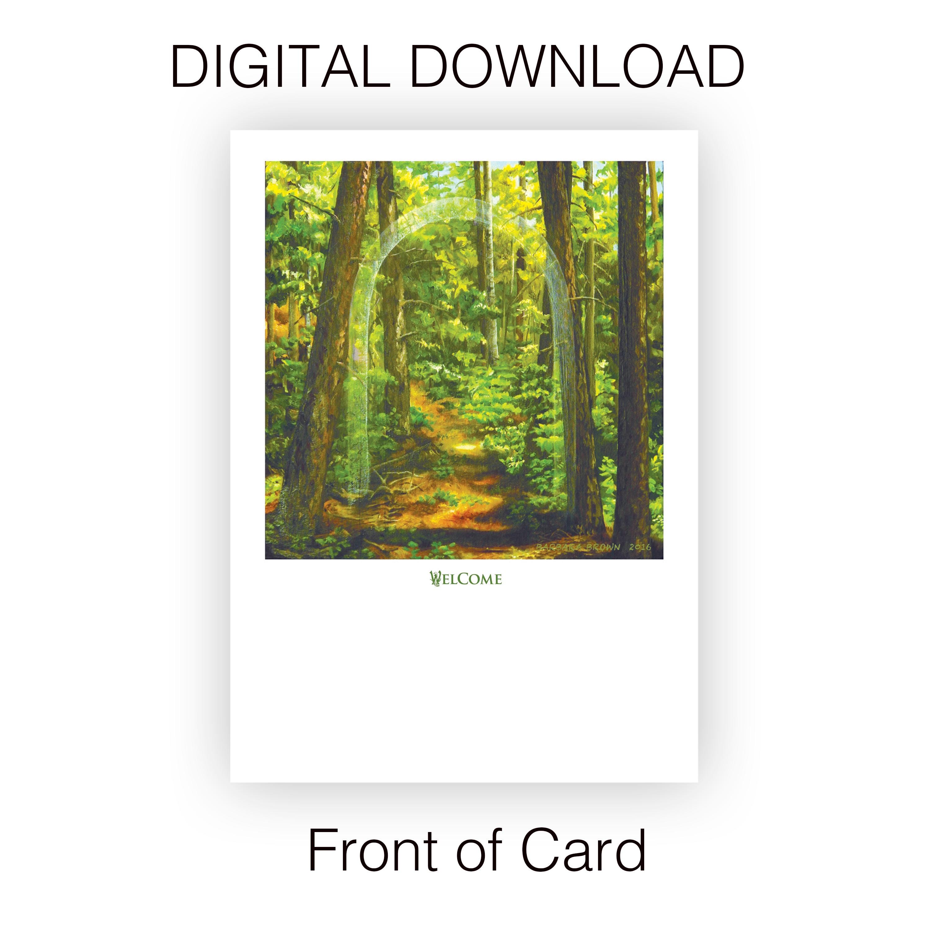 Printable "WELCOME" Instant Digital Download 5 x 7" Art Card / Blank inside / From my original oil on canvas artwork of the forest scene