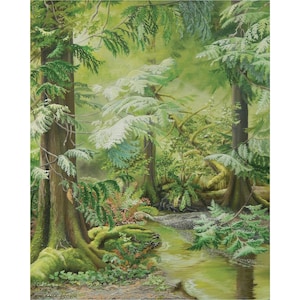 May include: A painting depicting a verdant forest with a small stream flowing through it. The trees are tall and dense, and the stream is clear and shimmering. The painting is executed in a realistic style, with attention to the details of the forest.