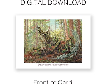 Printable &quot;Fallen Cedar/Rising Dragon&quot; Instant Digital Download 5 x 7&quot; Art Card / Blank inside / Original oil on canvas artwork forest scene