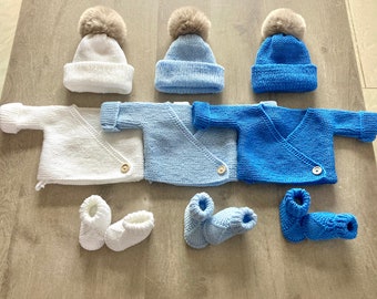 Ensemble 3 pièces brassière bonnet et chaussons tricotés main pour bébé de la naissance à 3 mois