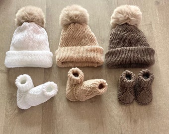 Faux fur pom-pom hat and booties set for babies from birth to 3 months