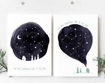 Minimalist Christmas Cards, Starry Sky Black and White Christmas Cards, Illustrated Christmas Cards, Scandinavian Christmas Cards Set of 2