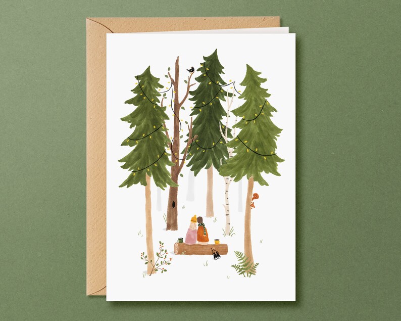 Christmas card together eco friendly holiday card with a heartwarming handmade illustration of a couple in the woods, for nature lovers image 1