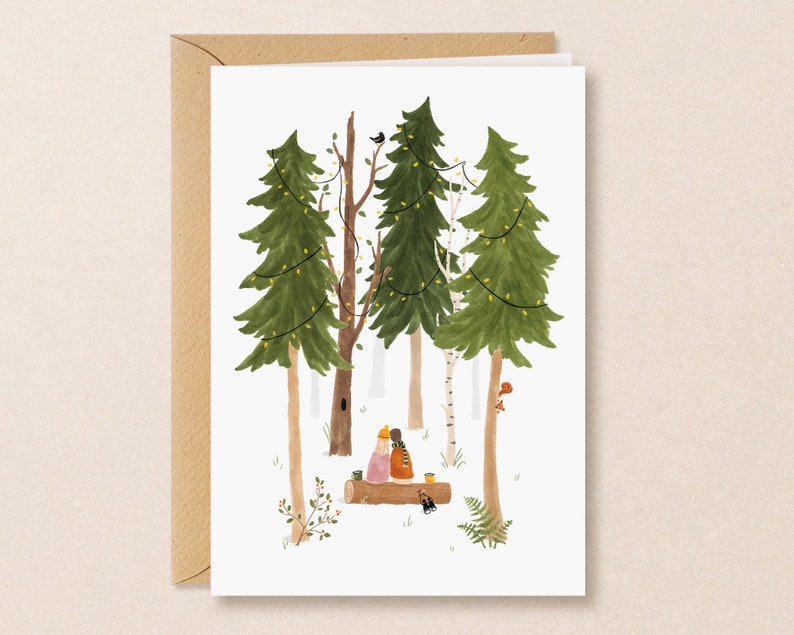 Christmas card together eco friendly holiday card with a heartwarming handmade illustration of a couple in the woods, for nature lovers image 3