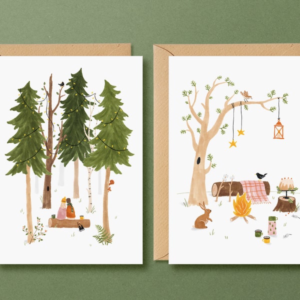 Lot de cartes de Noël pour les amoureux de la nature - 2 cartes de vœux écologiques avec des illustrations faites main pour les amoureux de la nature