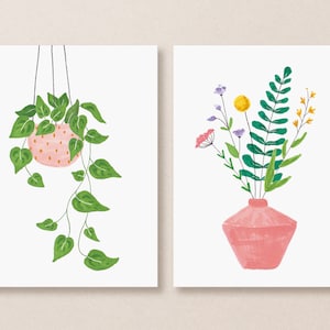 Set of 2 postcards plant and wildflowers, illustrated flowers card, hanging plant card, floral illustration, plant lady card, summer cards image 1